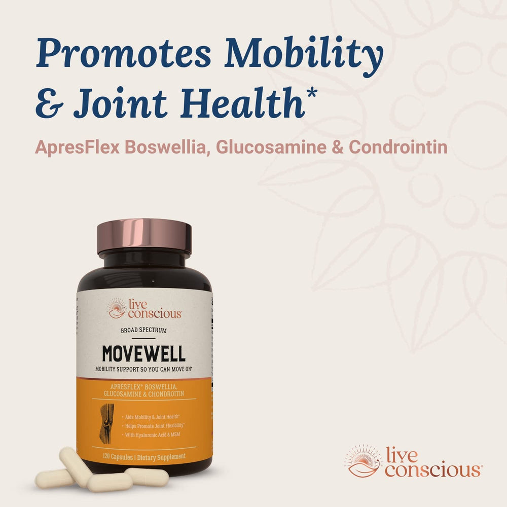 Live Conscious MoveWell MSM closeup emphasizing recovery-oriented ingredients.