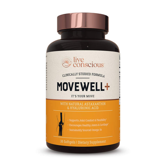 Live Conscious MoveWell Plus bottle highlights Antarctic krill oil for joint comfort.