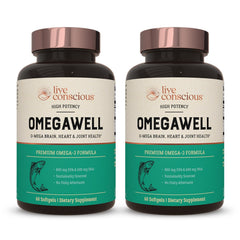 Live Conscious OmegaWell bottle front highlighting high EPA/DHA omega-3 in a clean package