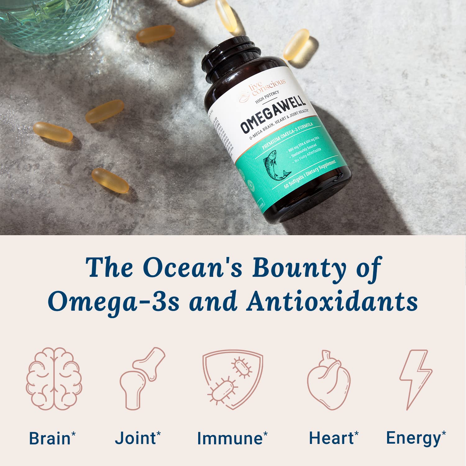 Live Conscious OmegaWell bottle label showing sustainability and purity for daily use