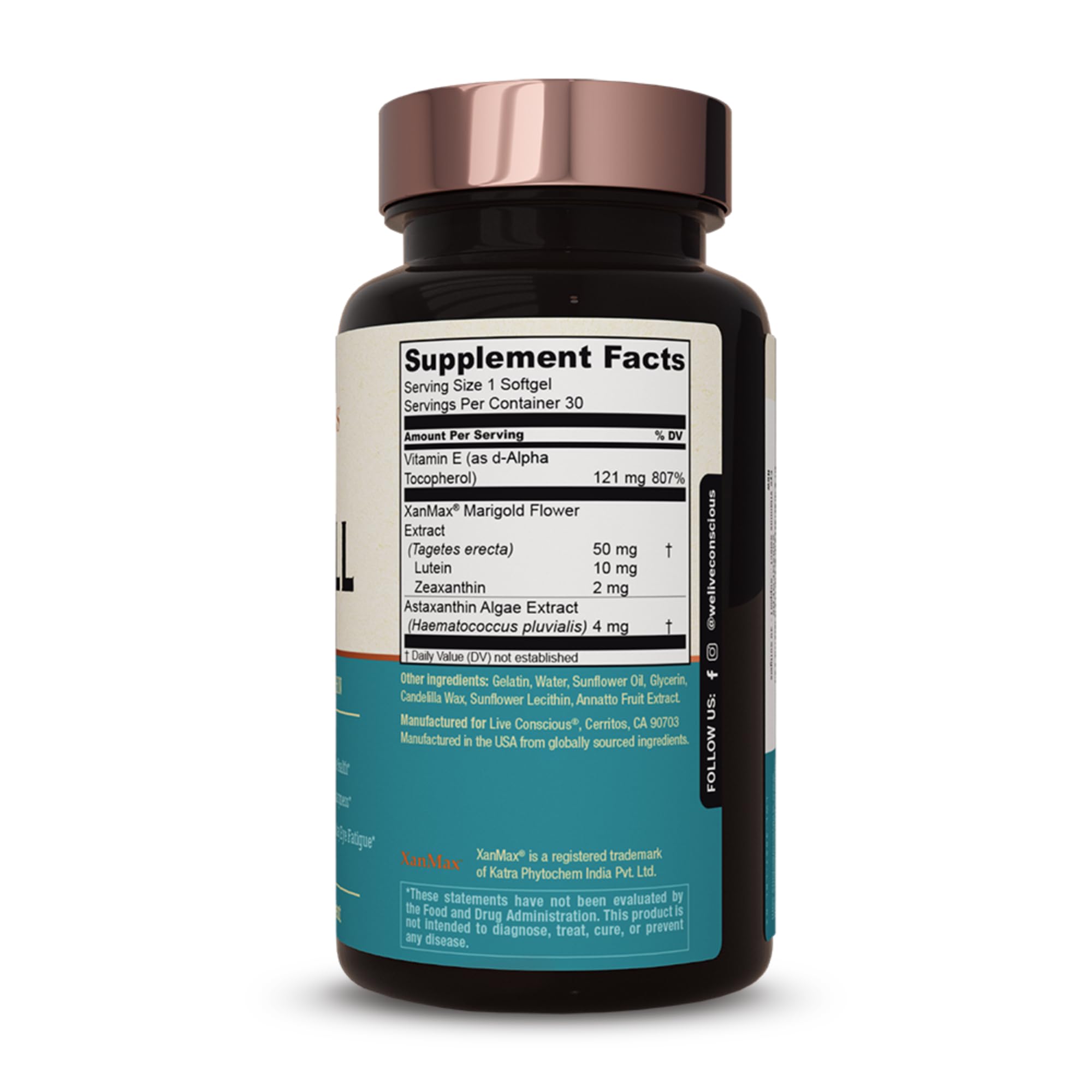 Live Conscious OptiWell blue light capsules close-up highlighting lutein and zeaxanthin benefits.