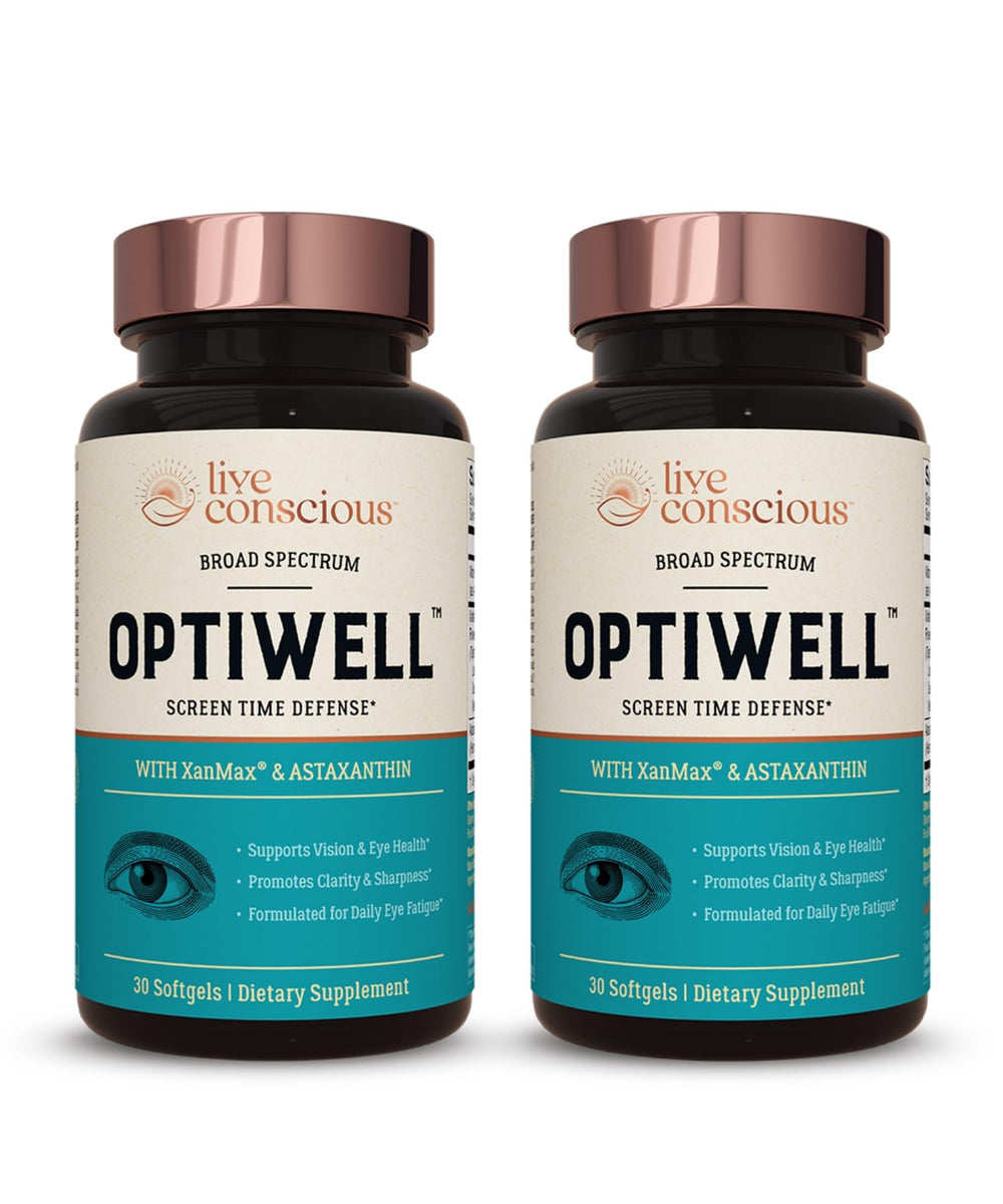 Live Conscious OptiWell eye vitamins bottle for daily eye support and blue light protection.