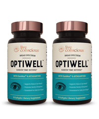 Live Conscious OptiWell eye vitamins bottle for daily eye support and blue light protection.