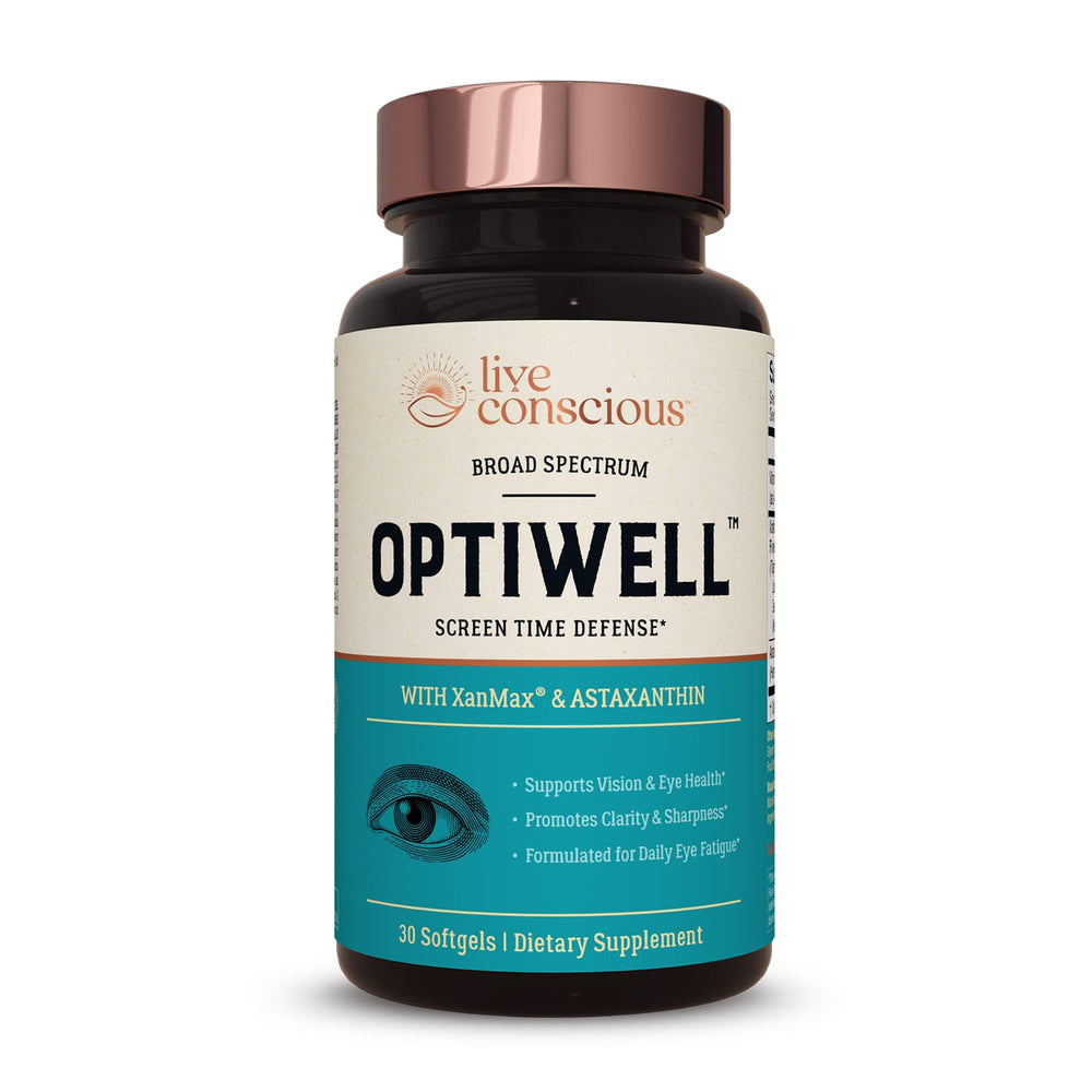 Live Conscious OptiWell Eye Vitamins bottle front view emphasizing blue light protection