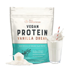 Live Conscious Vanilla Dream protein bottle pour for a quick post-workout shake
