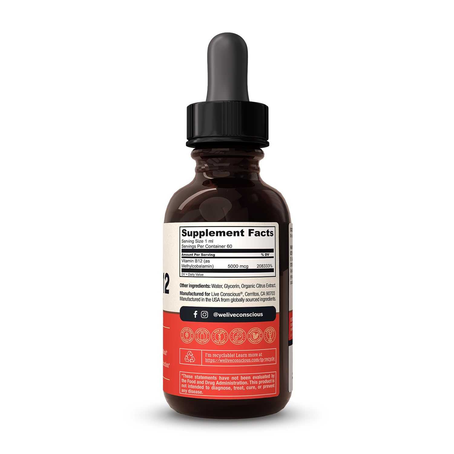 Live Conscious vegan B12 5000mcg formula supports daily routines