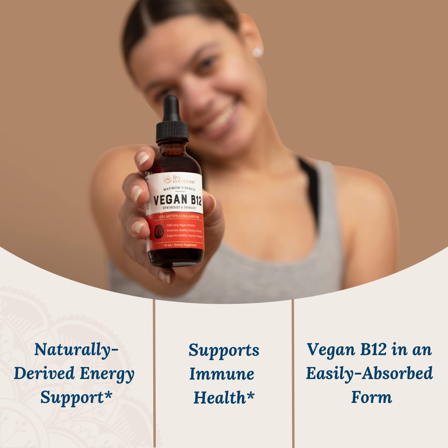 Live Conscious vegan B12 bottle closeup shows high-quality formula for daily support
