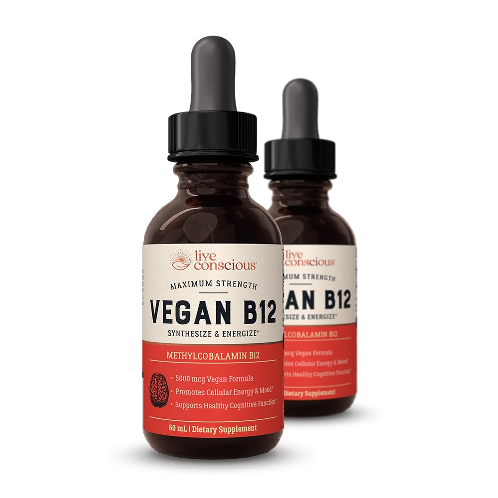 Live Conscious vegan B12 bottle pour promotes easy dosing and fast absorption