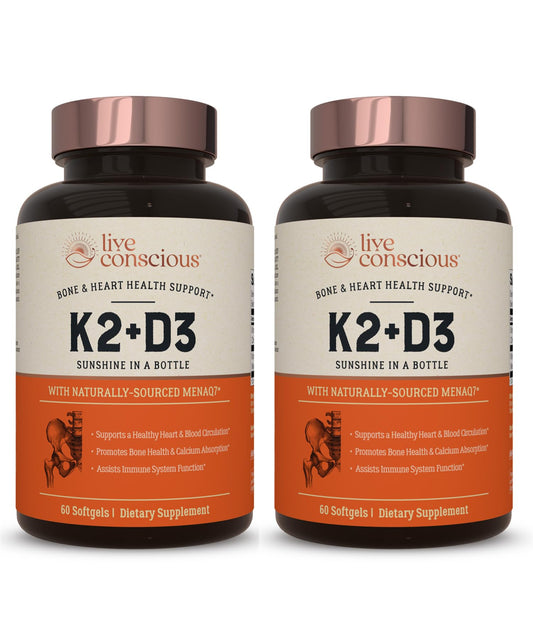 Live Conscious Vitamin K2 MK7 with D3 bottle front view for bone and circulatory support