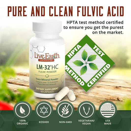 Live Earth LM-32 HC label highlights pure fulvic acid with trace minerals.