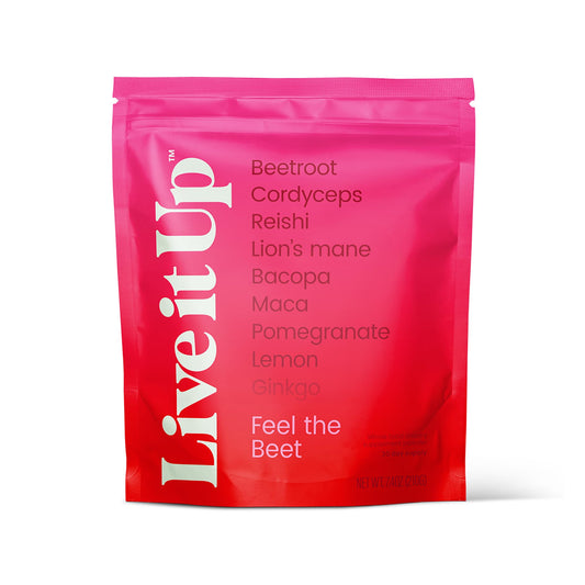 LIVE IT UP Feel The Beet bottle front for daily vitality on the go.
