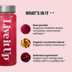 LIVE IT UP Feel The Beet stirred into water for a quick refreshing energy lift.