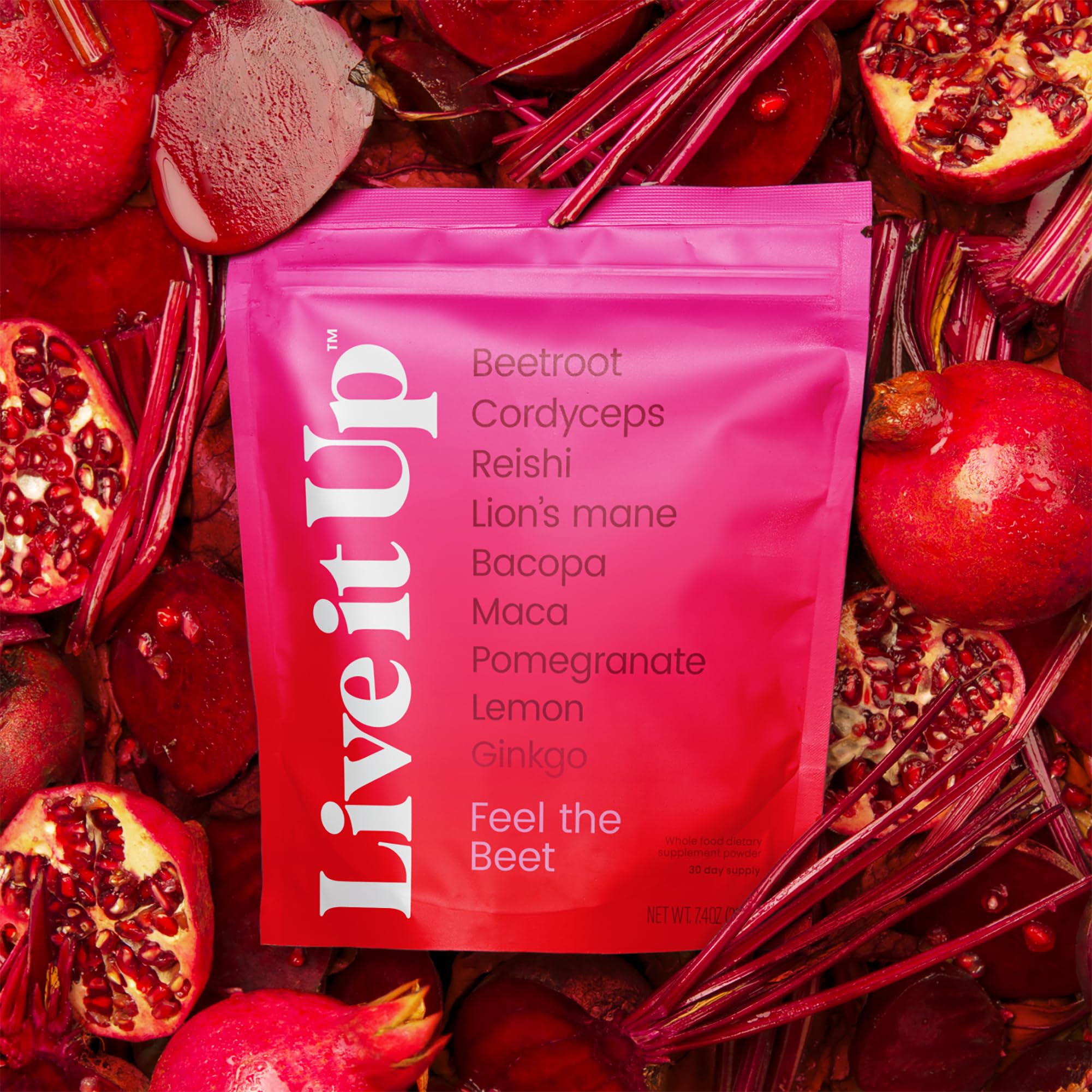 LIVE IT UP Feel The Beet bottle with shaker ready for daily routine.