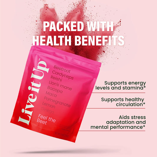 LIVE IT UP Feel The Beet label close-up highlighting adaptogens for focus and energy.