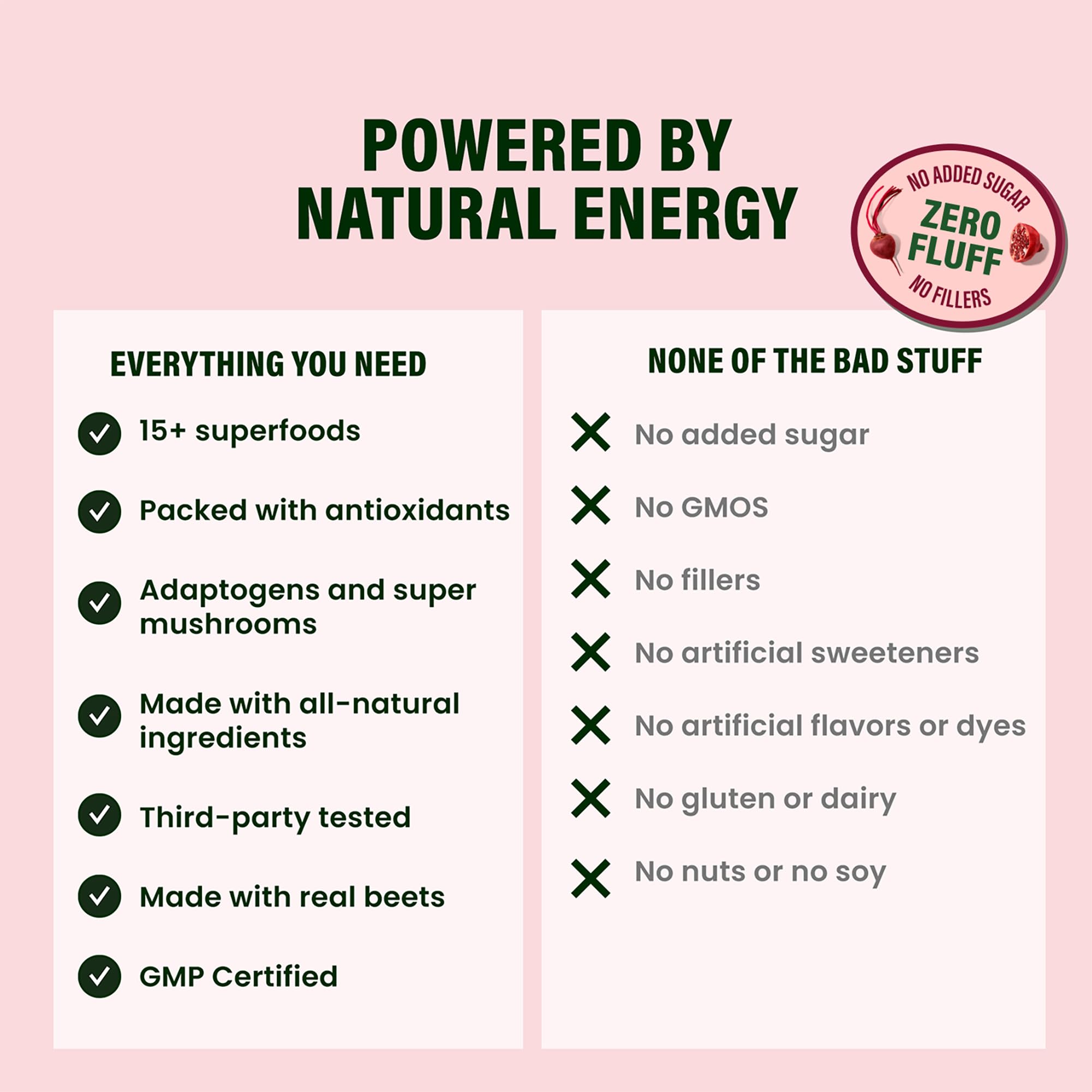 LIVE IT UP Feel The Beet label detail shows beetroot and adaptogens.