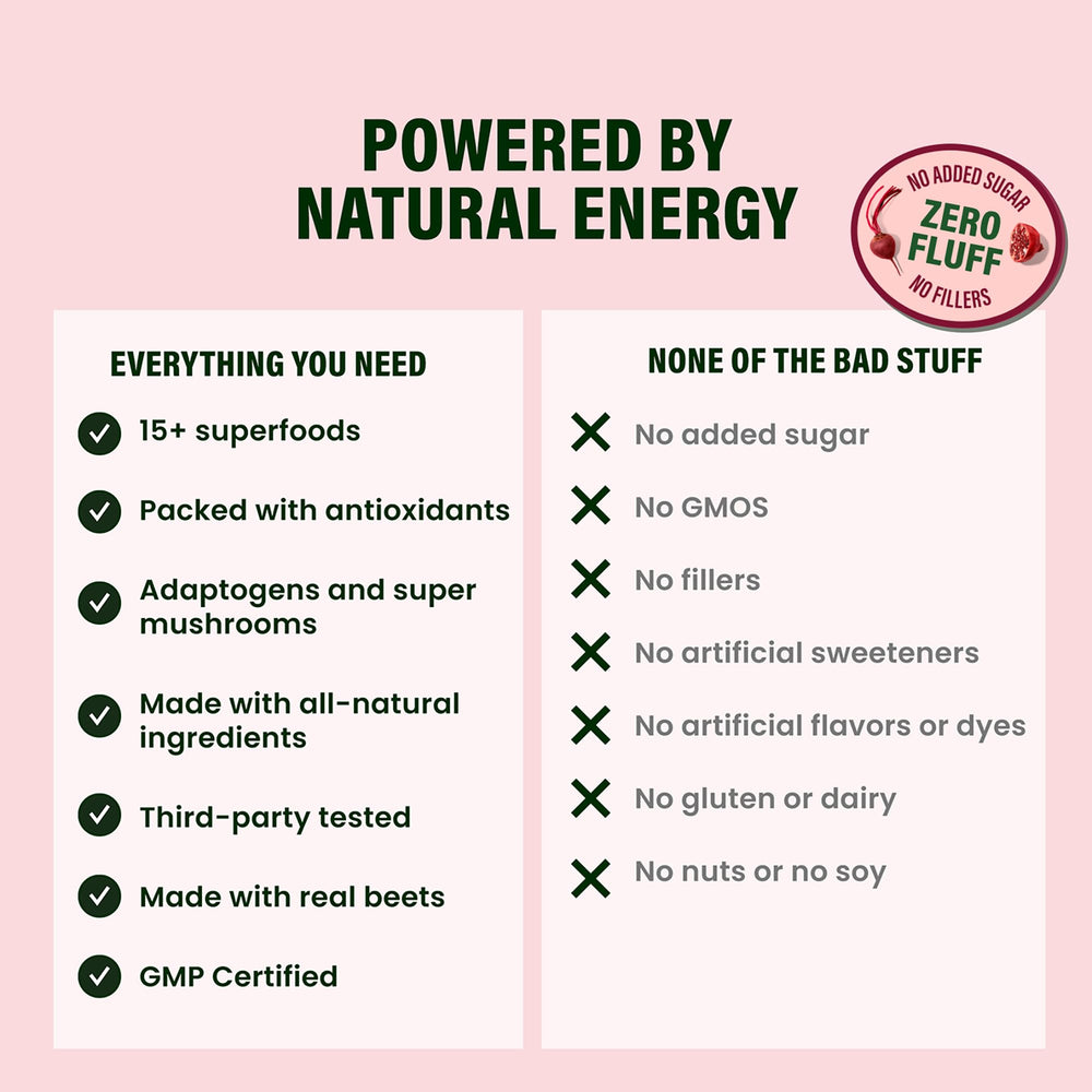 LIVE IT UP Feel The Beet label detail shows beetroot and adaptogens.