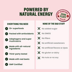 LIVE IT UP Feel The Beet label detail shows beetroot and adaptogens.