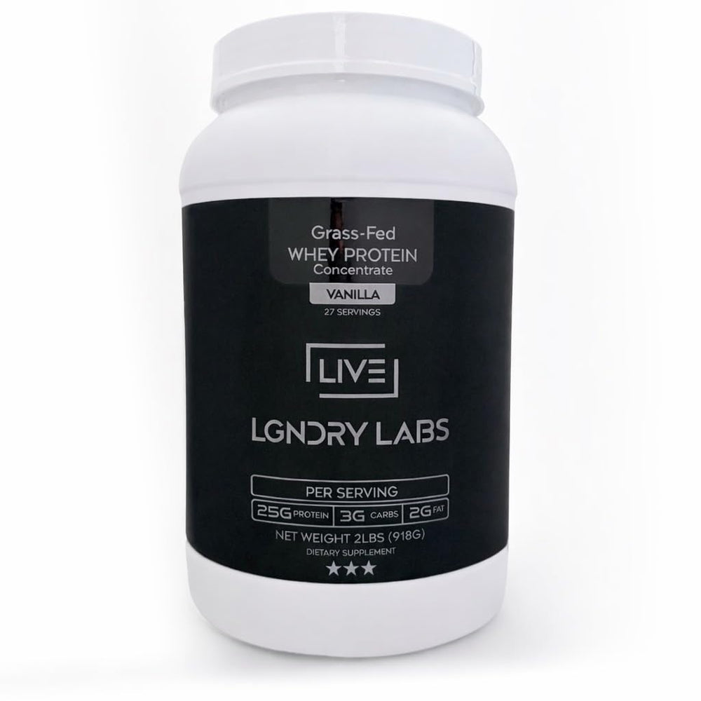 LIVE LGNDRY LABS grass-fed whey scoop showing purity and a clean taste for workouts.