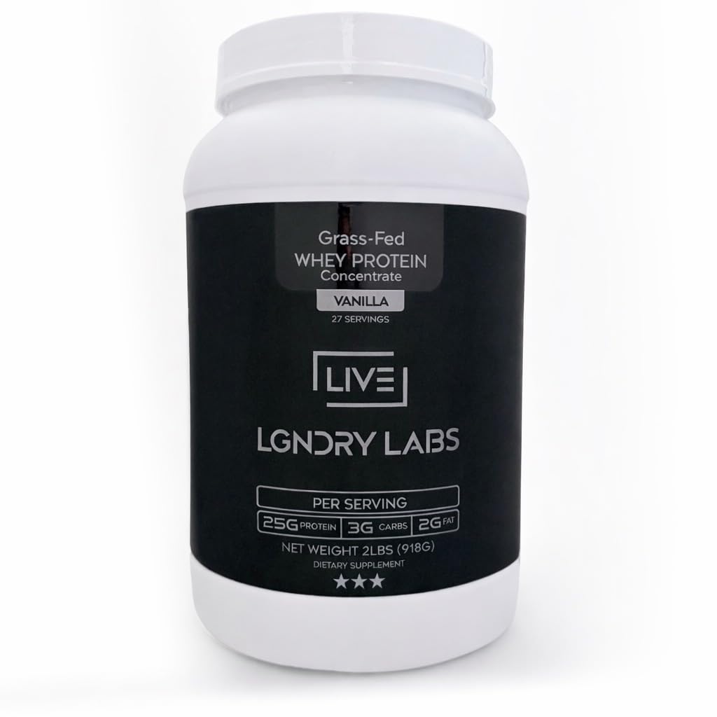 LIVE LGNDRY LABS grass-fed whey scoop showing purity and a clean taste for workouts.