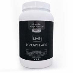 LIVE LGNDRY LABS grass-fed whey scoop showing purity and a clean taste for workouts.