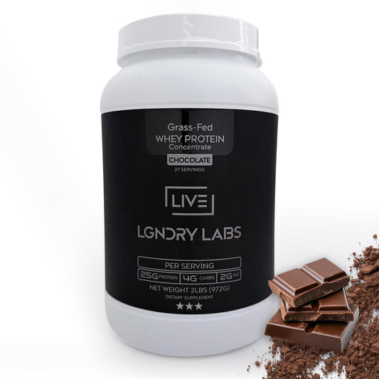 LIVE LGNDRY LABS grass-fed whey chocolate scoop supports post-workout recovery.