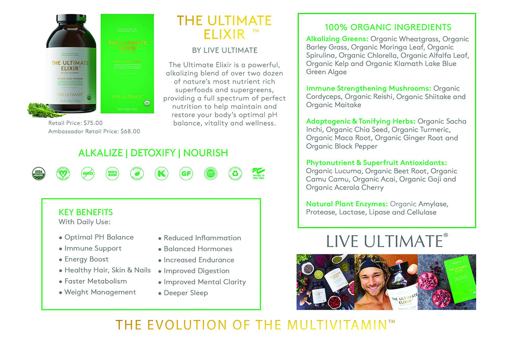 Live Ultimate The Ultimate Elixir label close-up highlights natural ingredients for daily vitality