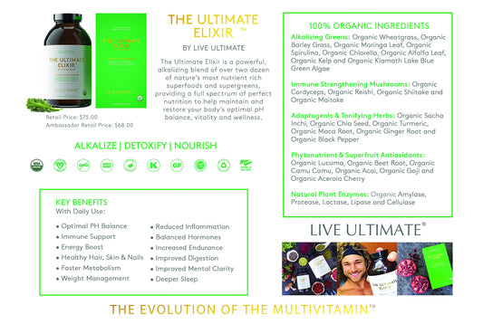 Live Ultimate The Ultimate Elixir label close-up highlights natural ingredients for daily vitality