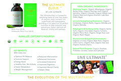 Live Ultimate The Ultimate Elixir label close-up highlights natural ingredients for daily vitality
