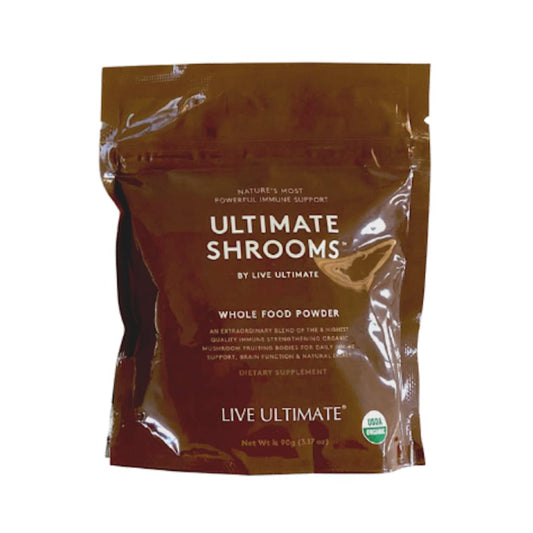 Live Ultimate Ultimate Shrooms bottle label highlights the eight organic mushrooms for daily wellness.