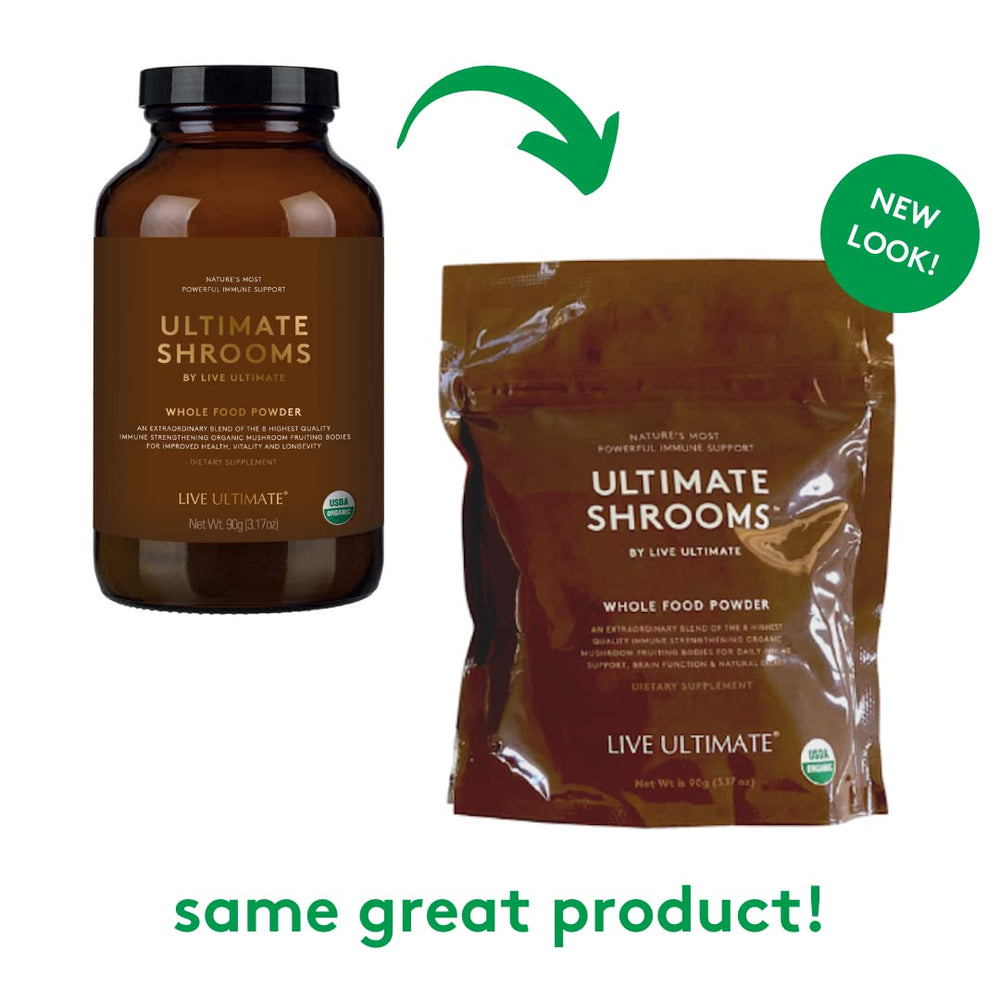 Live Ultimate Ultimate Shrooms serving scoop on a surface suggests quick addition to beverages.