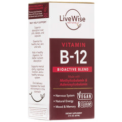 Live Wise Naturals B12 liquid supports healthy nervous system function and overall wellness.