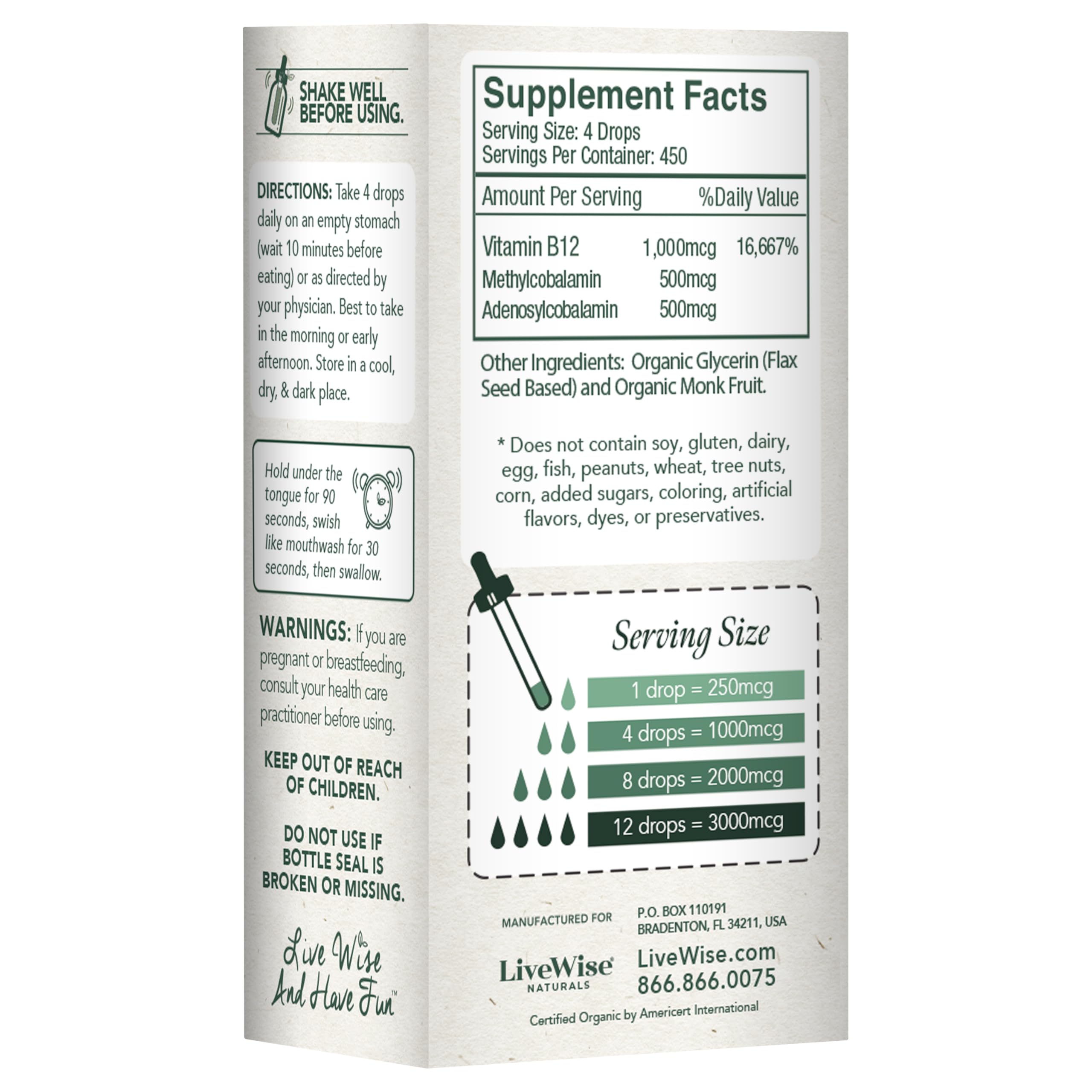Live Wise Naturals B12 dropper application enables quick, sublingual absorption.