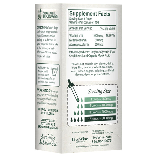 Live Wise Naturals B12 dropper application enables quick, sublingual absorption.