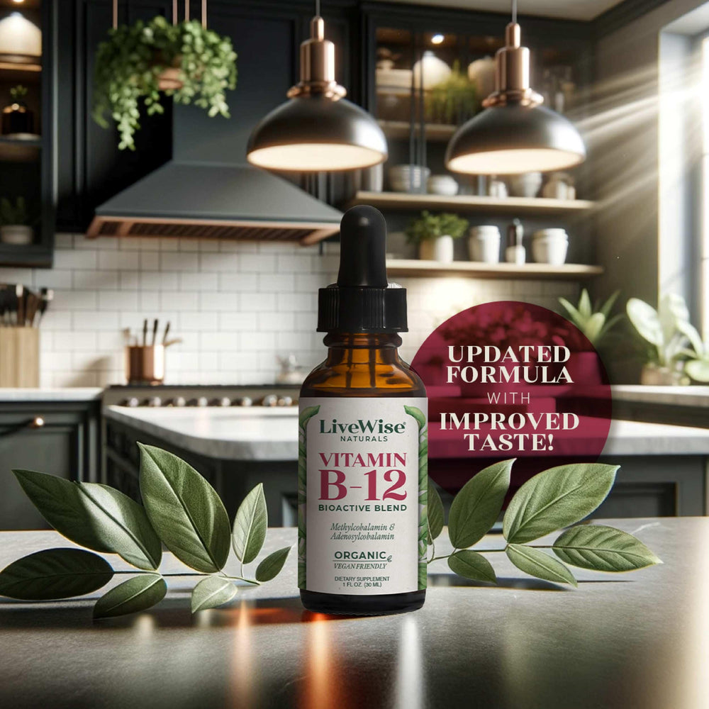 Live Wise Naturals B12 liquid under tongue for fast energy support.