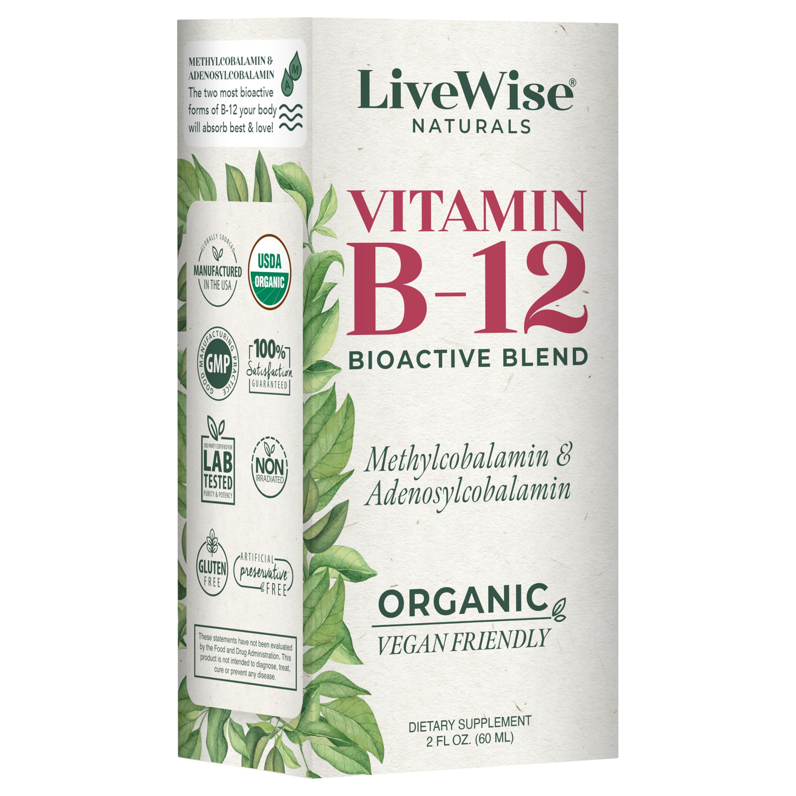 Live Wise Naturals B12 offers a bioactive blend in a non-GMO, organic, vegan solution.
