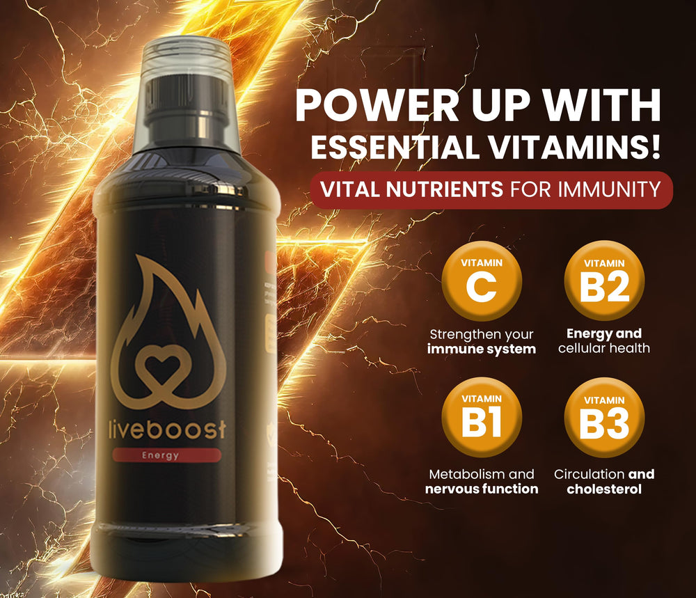 LIVEBOOST glass serving setup suggests refreshing intake as part of a wellness routine.