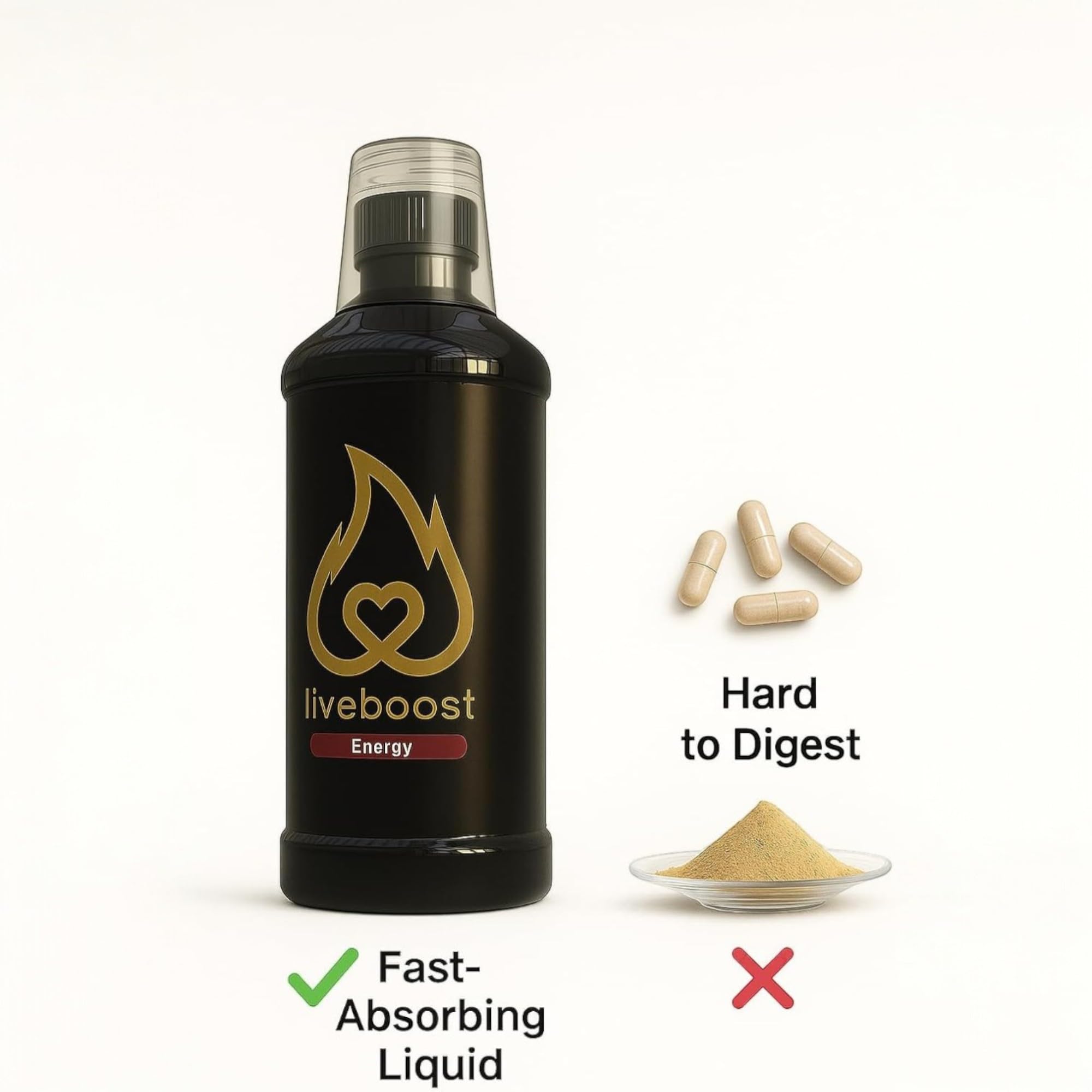 LIVEBOOST liquid supplement on table ready for everyday use and sustained energy
