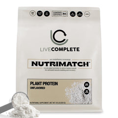 LiveComplete NutriMatch unflavored container ready for easy scooping and mixing.