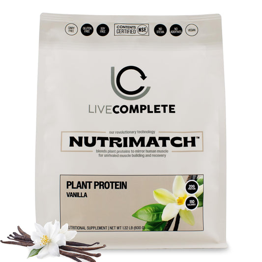 LiveComplete NutriMatch Vanilla bottle front — plant-based protein for daily energy