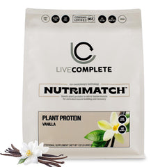 LiveComplete NutriMatch Vanilla bottle front — plant-based protein for daily energy