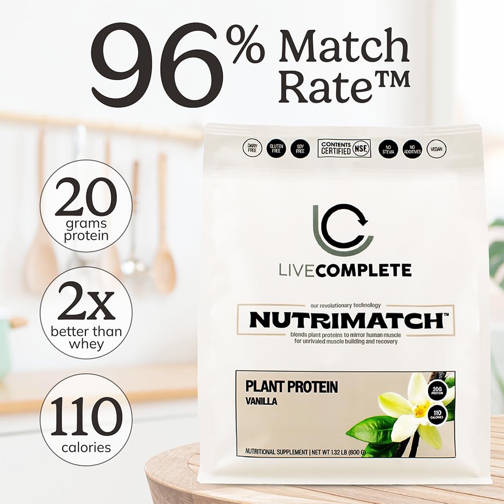 LiveComplete NutriMatch Vanilla nutrition panel showing 18 servings and 20 g per serving