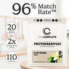 LiveComplete NutriMatch Vanilla nutrition panel showing 18 servings and 20 g per serving