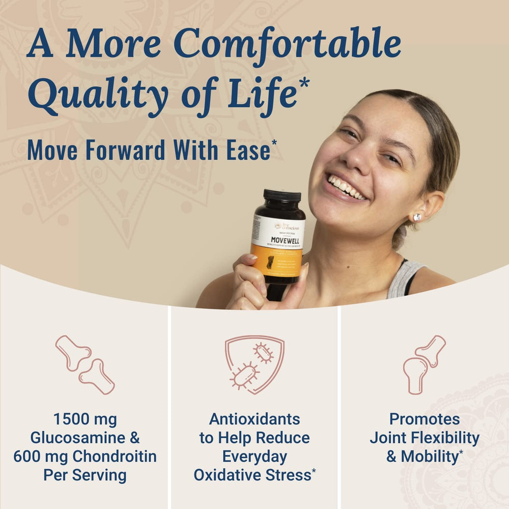 MoveWell by Live Conscious back label detailing dosage for comfortable, flexible movement.