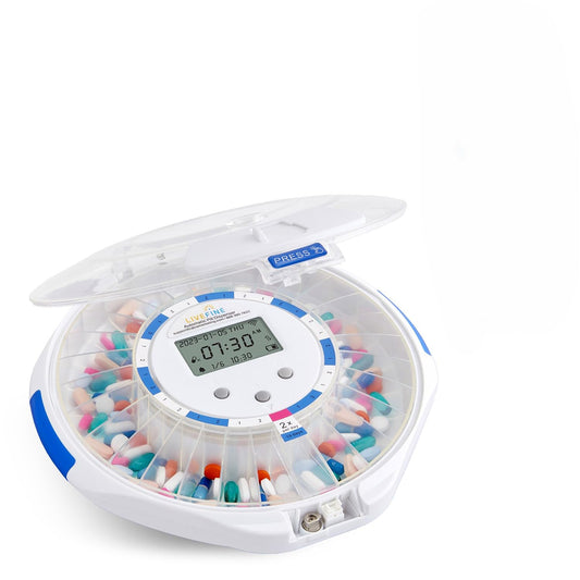 Live Fine pill dispenser with clear lid, front view for quick visual check of pills