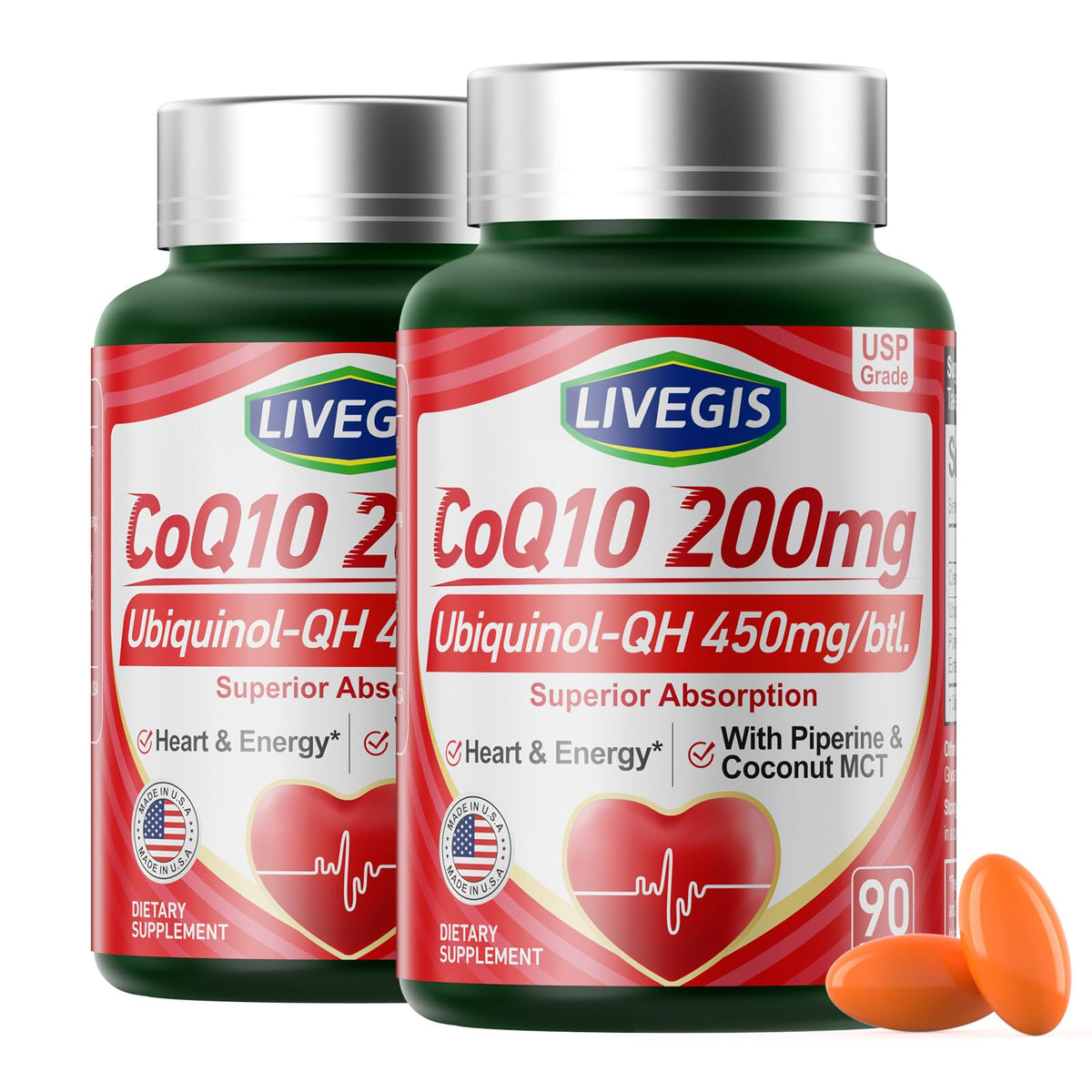 LIVEGIS CoQ10 softgel bottle highlights 200 mg potency for daily energy support