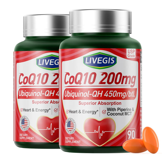 LIVEGIS CoQ10 softgel bottle highlights 200 mg potency for daily energy support