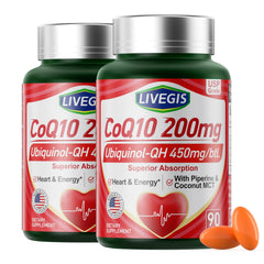 LIVEGIS CoQ10 softgel bottle highlights 200 mg potency for daily energy support
