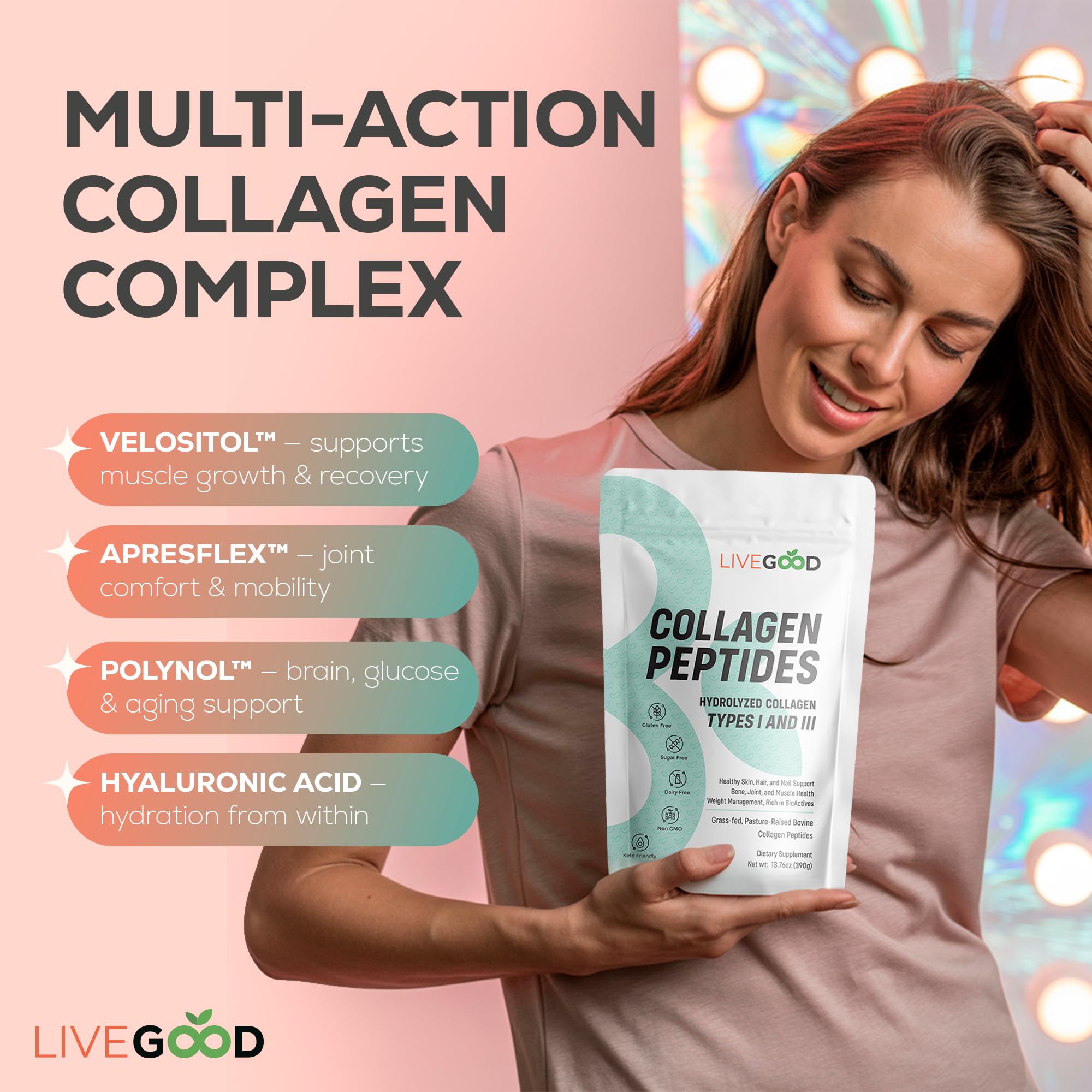 LIVEGOOD Collagen powder dissolving in water near a glass of juice.