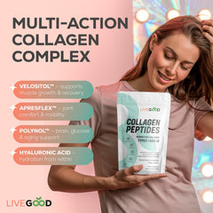 LIVEGOOD Collagen powder dissolving in water near a glass of juice.