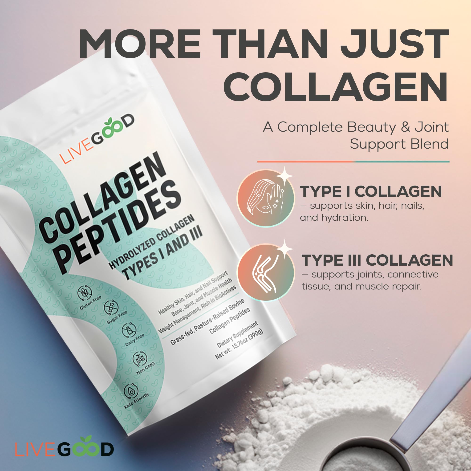 LIVEGOOD Collagen powder scoop beside glass for versatile daily use.